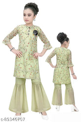 Trendy Georgette baby girl's A-line Kurta-Plazzo set with three-quarter sleeves, printed design. Size options: 2-3 years, 3-4 years, 6-7 years. Indian origin